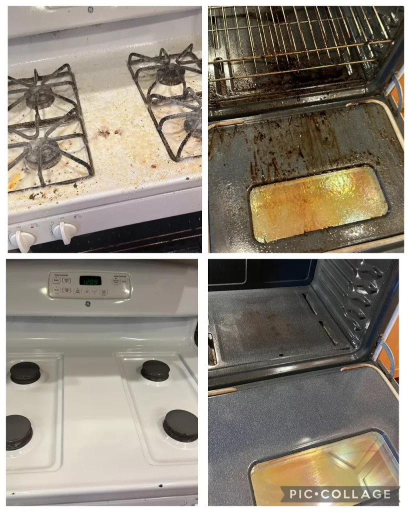 Before and after deep cleaning of a gas stove top and oven by USA Maid Services